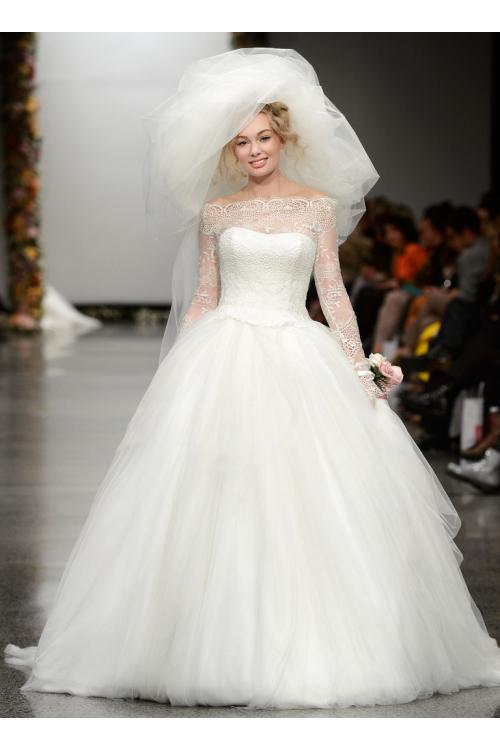 Off-the-shoulder Ball Gown Tulle Wedding Dress with Long Lace Sleeves 