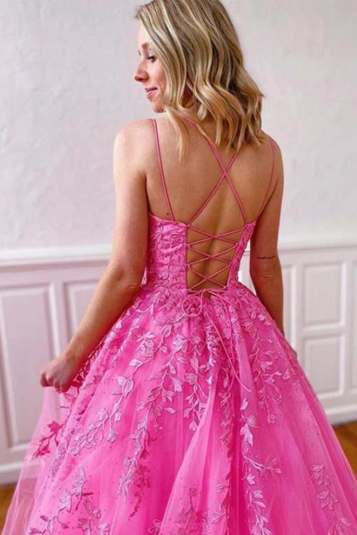  Elegant A-line Sleeveless Lace Appliques Floor-length Long Tulle Prom Dress