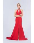 Red Sheath Jewel Sleeveless Beading Split Long Red Prom Dress