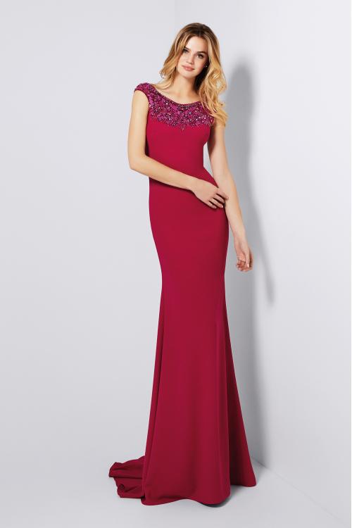 Sparkly Beaded Long Sheath Red Jersey Prom Dress with Cap Sleeves