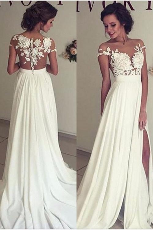 Chic Boho Lace Appliques A-line Long White Chiffon Wedding Dress 
