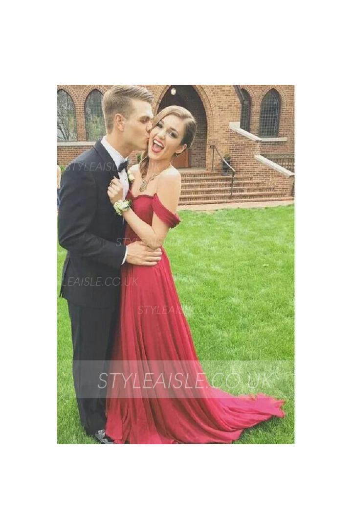 Popular off the Shoulder Pleated Long Ruvy Red Chiffon Prom Dress 