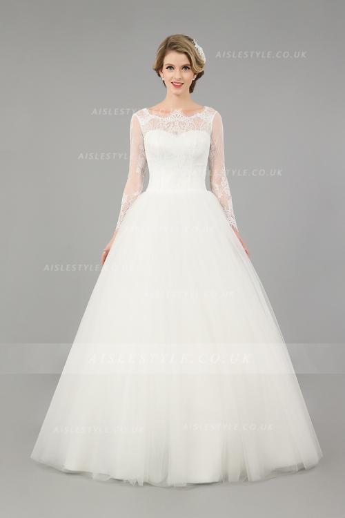 Modest Long Sleeves Ball Gown Vintage Lace Top Long Ivory Tulle Wedding Dress