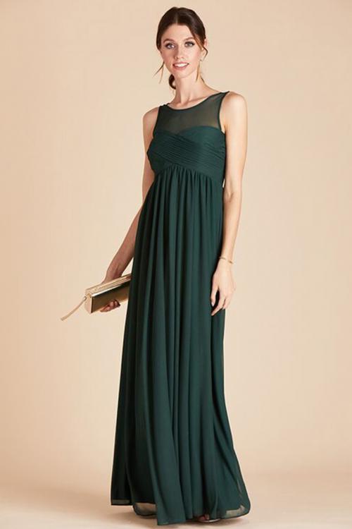  A-line Bateau Neck Sleeveless Ruching Empire Waist Floor-length Long Chiffon Maternity Bridesmaid Dresses with Pockets 