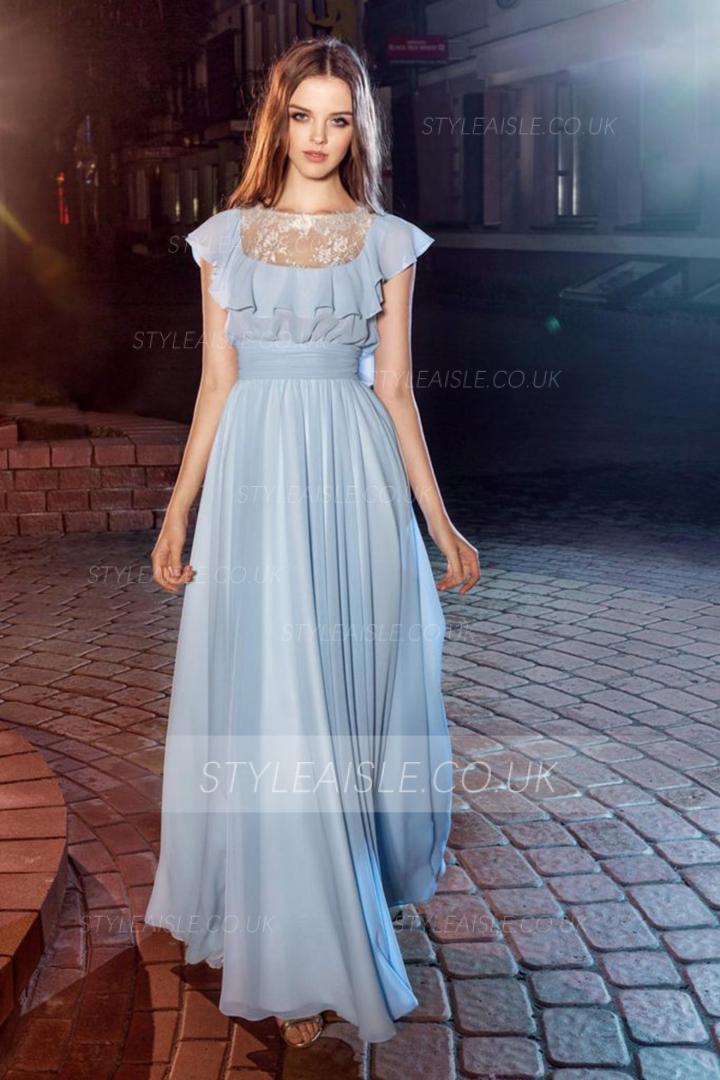  A-line Bateau Neckline Cap Sleeves Lace Ruffles Top Floor-length Long Chiffon Prom Dresses with Pearl Buttons