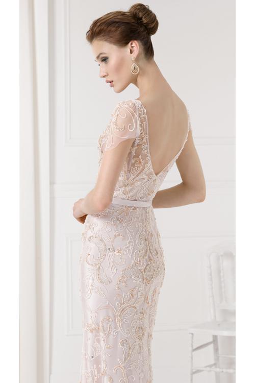 V Neck Cap Sleeved Embroidered Lace ColumnPink Tulle Prom Dress 