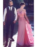 Vinatge Off Shoulder Lace Appliques A-line Pink Chiffon Prom Dress