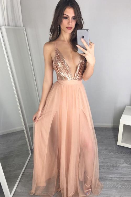 Sexy Deep V-neck Sequins Top Split Floor-length Long Tulle Prom Dress with Criss-cross Back