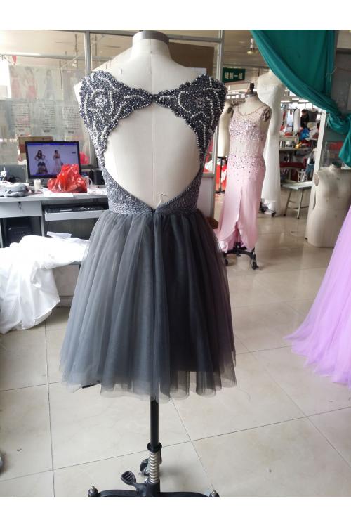 Grey Sequin Beading Short Tulle Prom Dress 