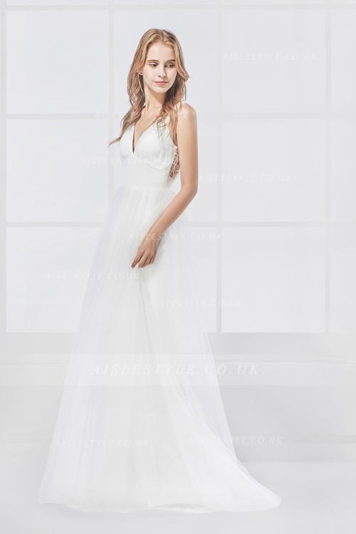 Empire A-line Spaghetti Straps Long Ivory Tulle Beach Wedding Dress