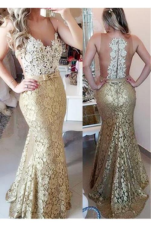  Mermaid Illusion Neck Sleeveless Bow(s) Floor-length Prom Dress