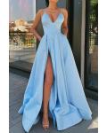  A-line V-neck Sleeveless Split Floor-length Long Satin Prom Dress