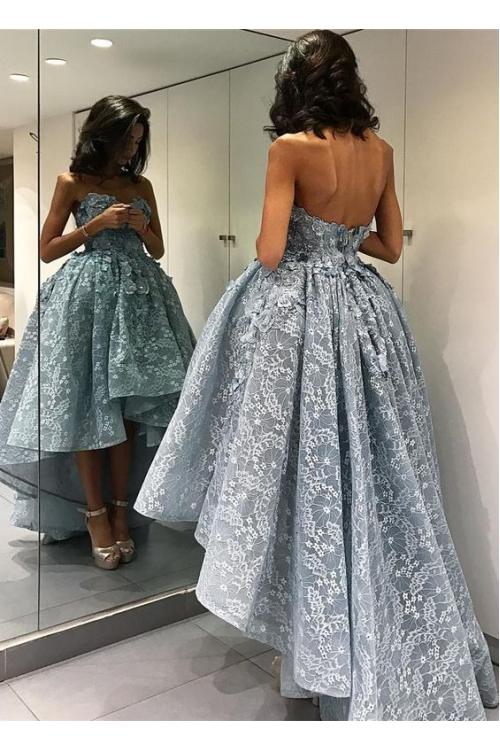 High Low Strapless Sweetheart Lace Short Prom Dress 