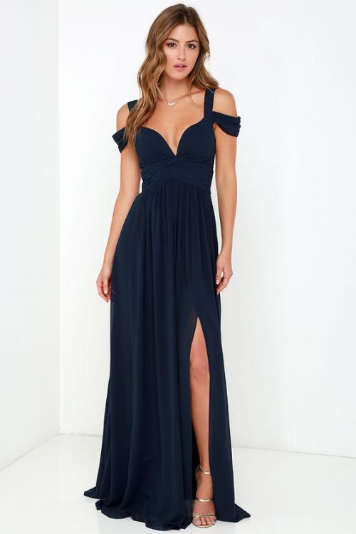 Sexy Off the Shoulder Split Navy Blue Chiffon Prom Dress 