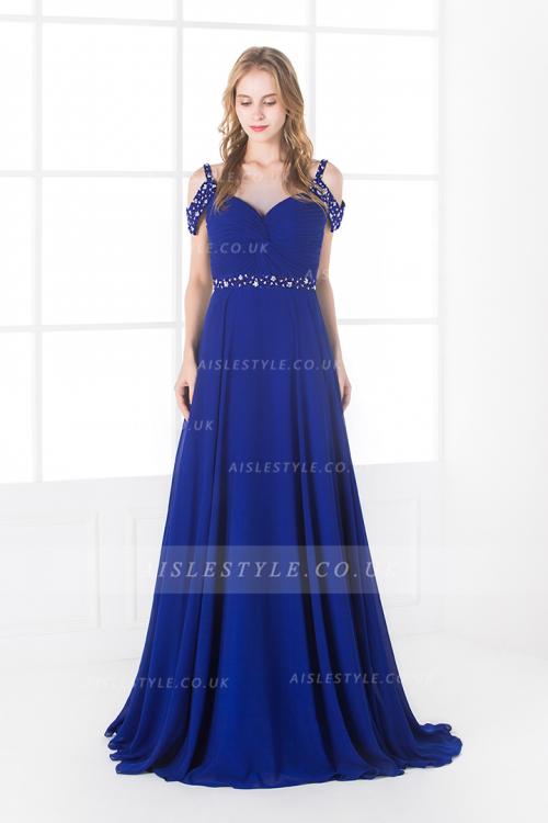 Off the Shoulder Beading A-line Royal Blue Chiffon Prom Dress with Belt