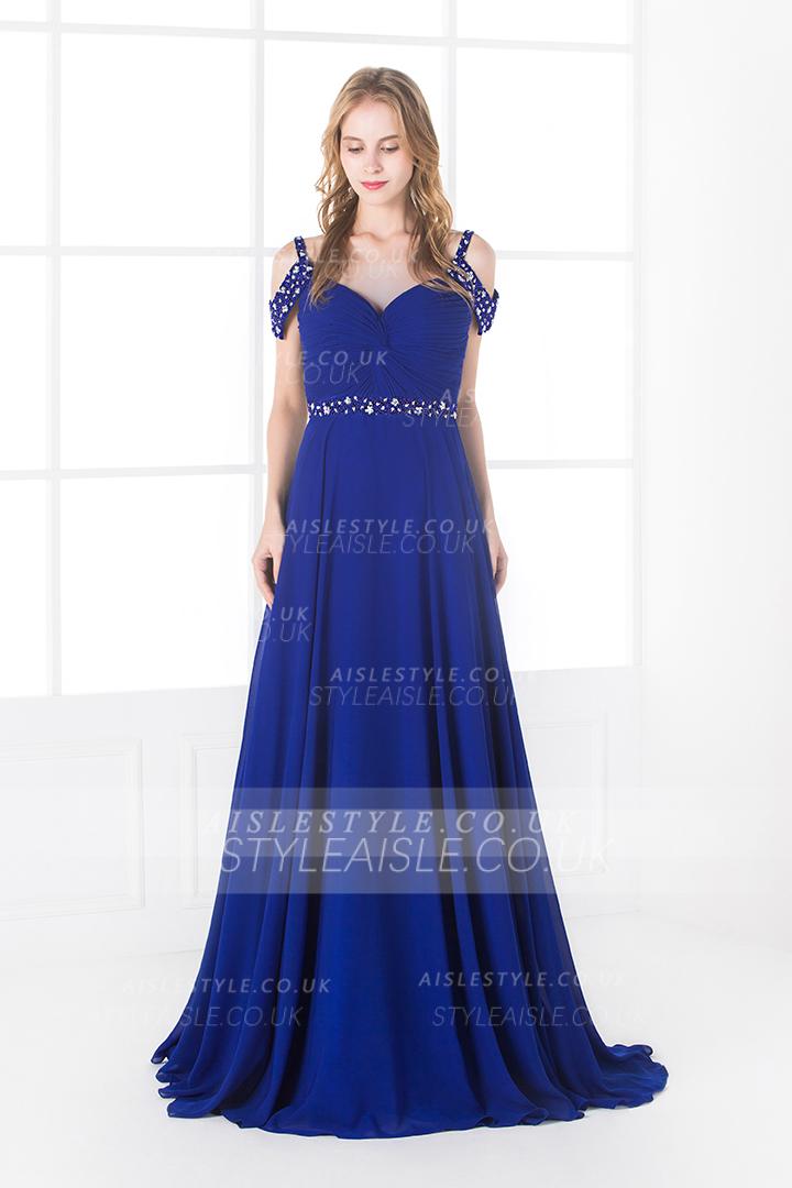 Off the Shoulder Beading A-line Royal Blue Chiffon Prom Dress with Belt