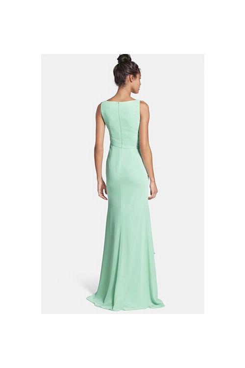 Shoulder Straps V Neck Cascaded Mint Long Chiffon Bridesmaid Dress 