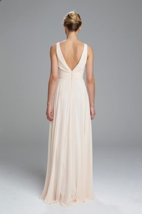 Sleeveless V Back Long Champagne Chiffon Bridesmaid Dress 