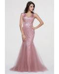 Sparkling Beaded Shoulder Straps Beading A-line Rose Pink Tulle Prom Dress 