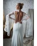 Queen Anne Neck Lace Shoulders Split Sweep Train Long Satin Reception Wedding Dresses