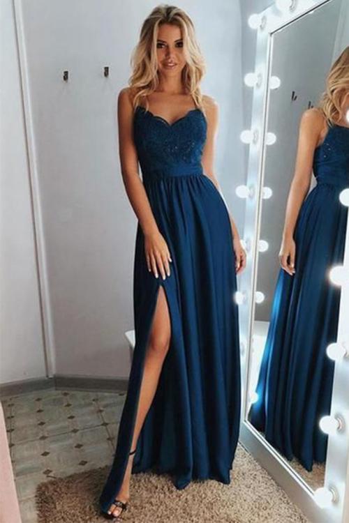 Spaghetti Straps Sleeveless Split Floor-length Long Chiffon Prom Dress