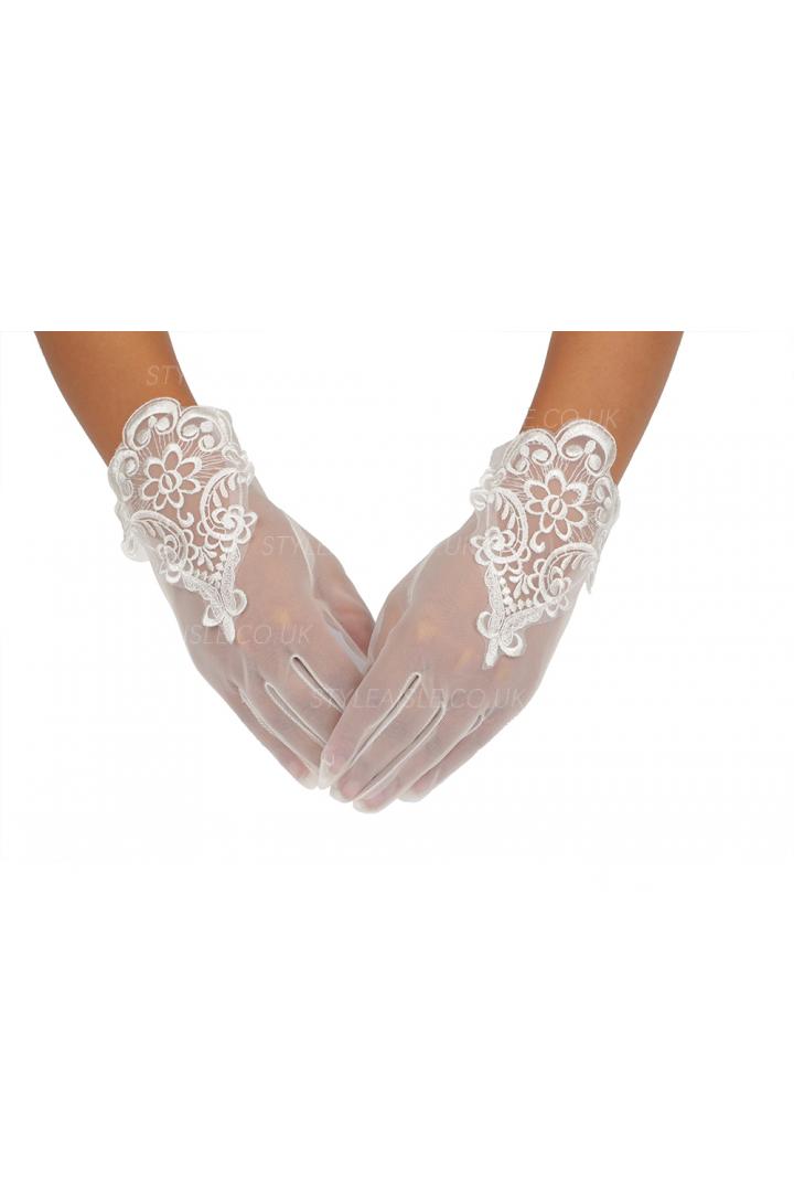 Ivory Full Finger Short Lace Trimmed Wedding Gloves For Bride 2BL