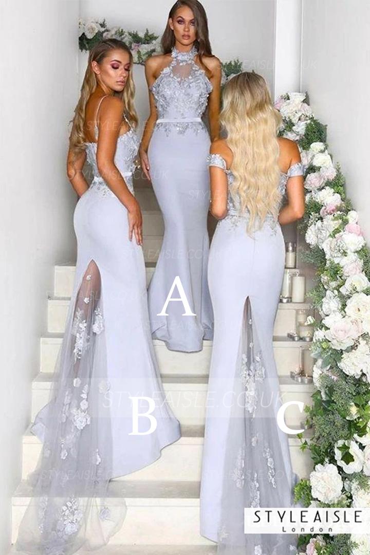 Mermaid Lace Sweep Train Long Satin Bridesmaid Dresses with 3 Styles (A/B/C)