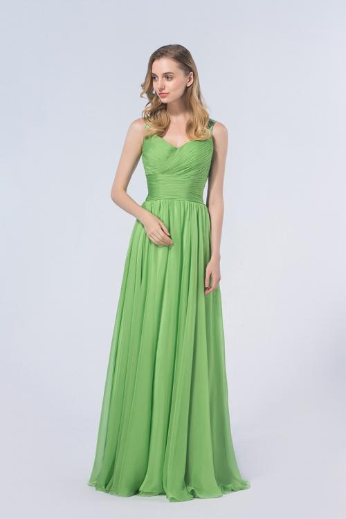 Beaded Strap Pleated Split Front Long Chiffon Bridesmaid Dress 