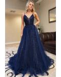  A-line Spaghetti Straps Sleeveless Beading Lace Court Train Long Tulle Prom Dresses