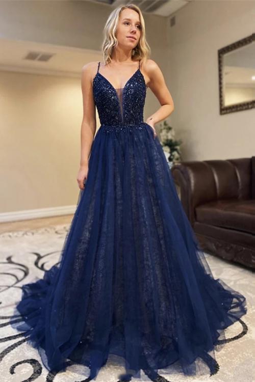  A-line Spaghetti Straps Sleeveless Beading Lace Court Train Long Tulle Prom Dresses