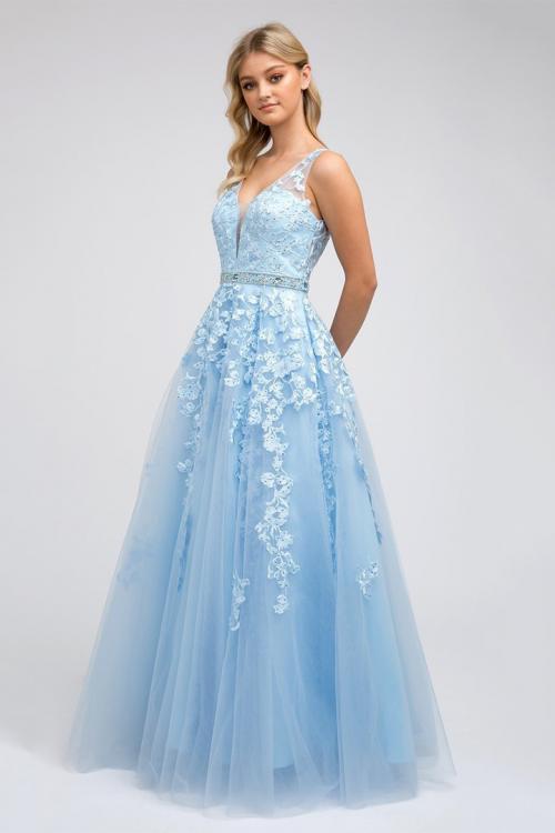  A-line V-neck Sleeveless Lace Appliques Beading Tulle Floor-length Tulle Prom Dress