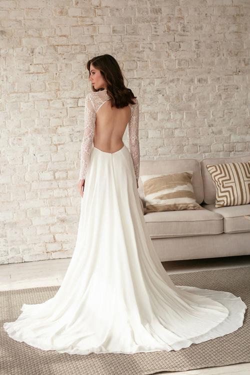  Elegant A-line V-neck Lace Long Illusion Sleeve Split Court Train Chiffon Reception Wedding Dresses