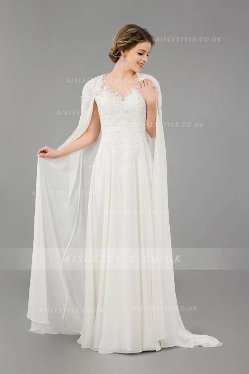 Illusion Neck Lace Appliques Long Ivory Empire A-line Chiffon Beach Wedding Dress with Cape