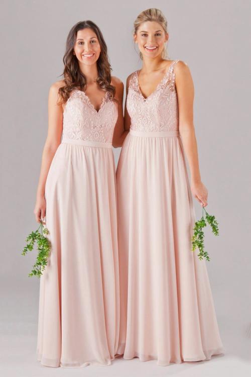 A-line Blush V-neck Sleeveless Lace Pockets Floor-length Long Chiffon Bridesmaid Dresses