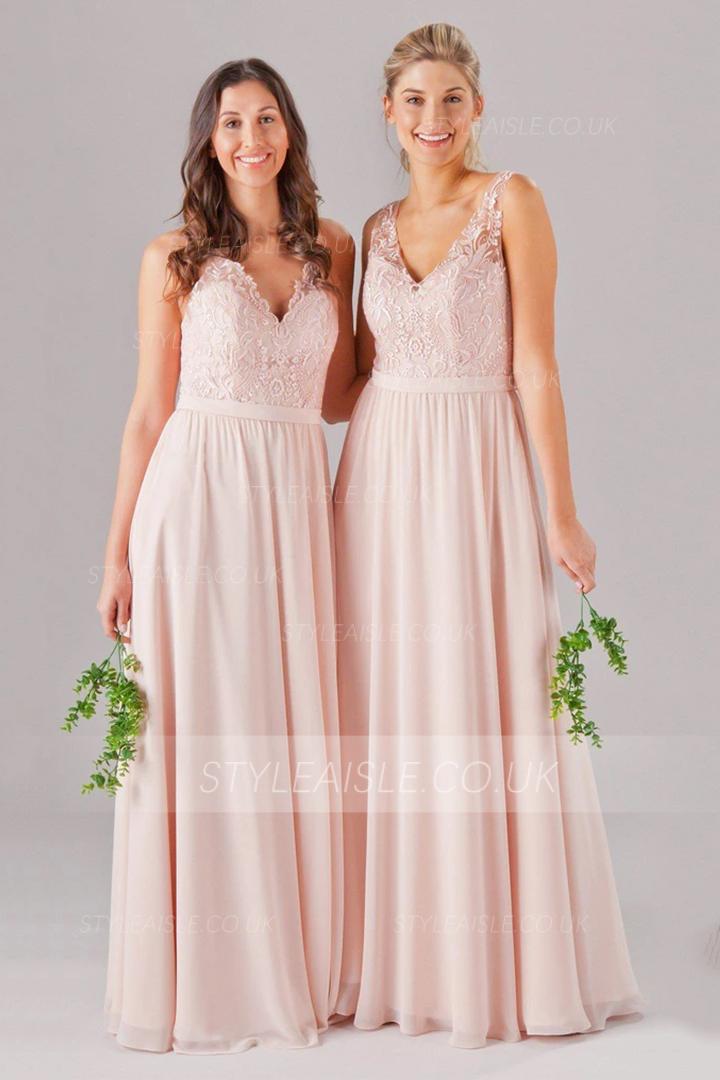 A-line Blush V-neck Sleeveless Lace Pockets Floor-length Long Chiffon Bridesmaid Dresses