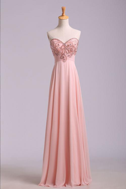 Sweetheart Sleeveless Beading Floor length Long Chiffon Prom Dress