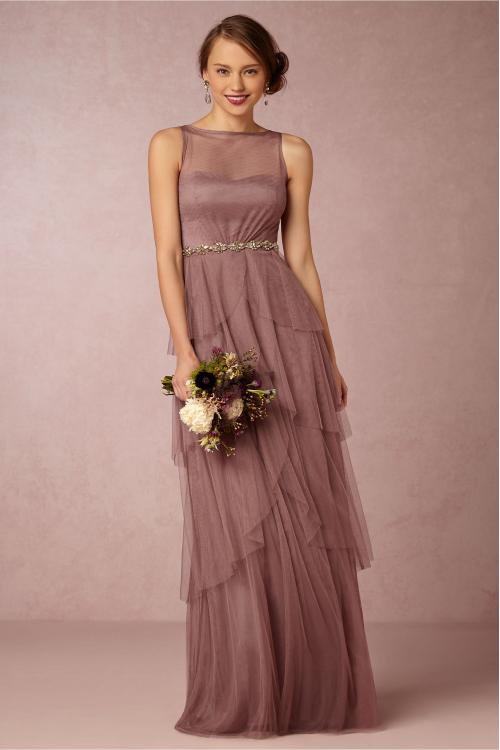 Sleeveless Illusion Bateau Neck A-line Tiered Tulle Bridesmaid Dress with Crystal Ribbon 