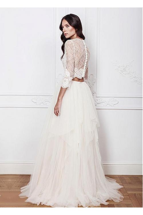 Chic Two Piece 3/4 Sleeved Lace A-line Tulle Wedding Dress 