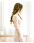 Deep V Neck Long Fit Flared Country Rustic Lace Wedding Dress with Long Sleeves 