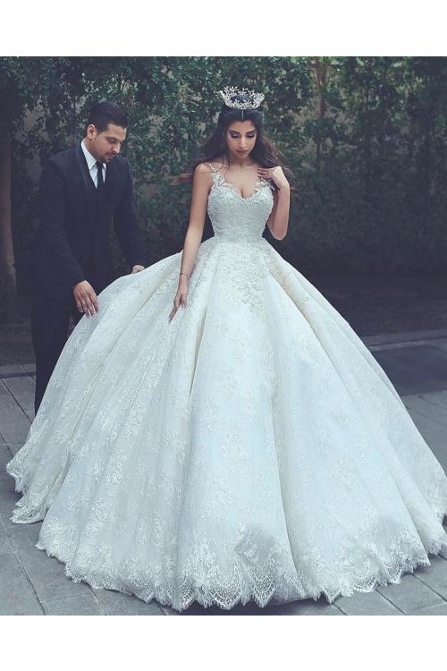 Luxury Lace Embroidery Ball Gown Ivory Wedding Dress