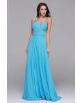 Sleeveless One Shoulder Beading Long Blue Chiffon Prom Dress 