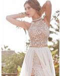 Beaded High Neck Lace Pattern Bodice Split Backless Chiffon Prom Dress