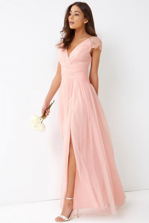 Chic Modern Sleeveless V Neck A-line Long Blush Chiffon Bridesmaid Dress