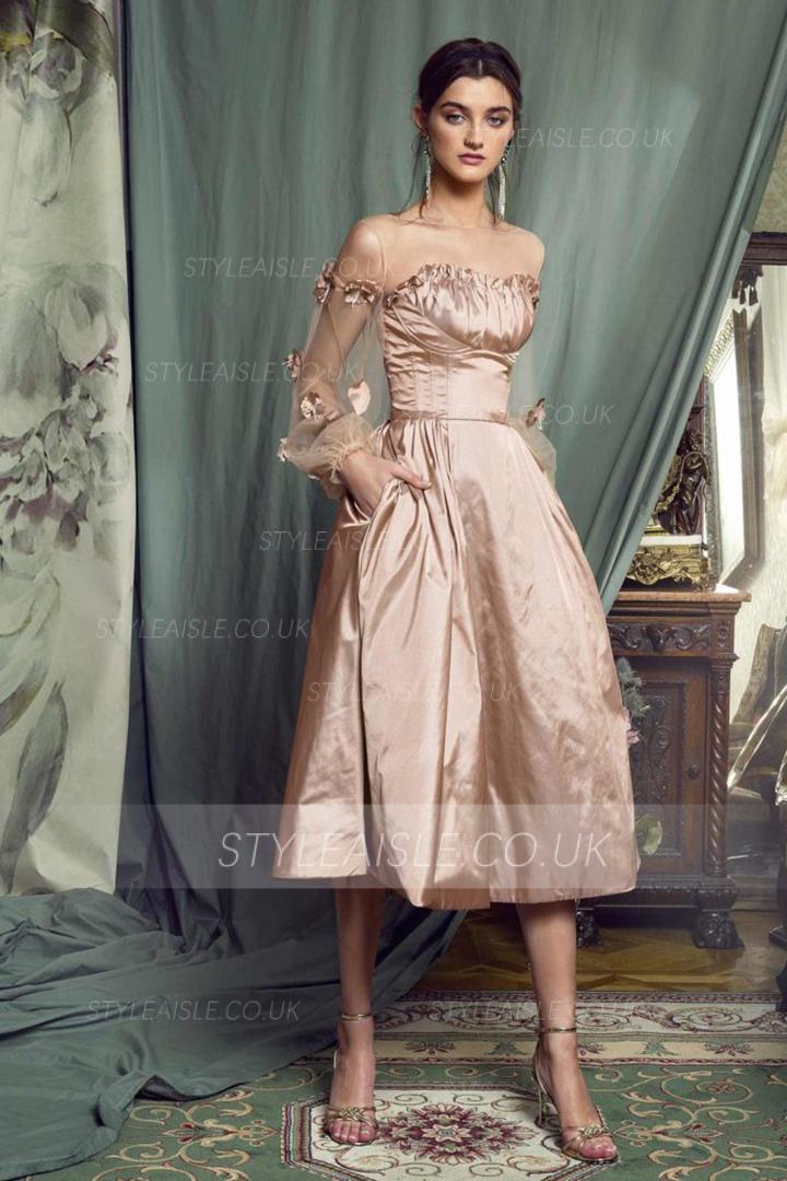  A-line Illusion Bateau Neckline Long Sleeves Pockets Hand Made Flowers Knee-length Short Taffeta Prom Dress