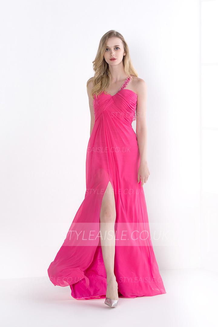 Beading One Shoulder Split Rose Chiffon Sexy Prom Dress