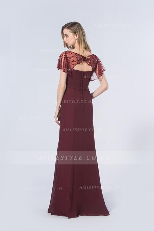 Seauin Beaded Scoop Neck Sheath Burgundy Chiffon Long Bridesmaid Dress 