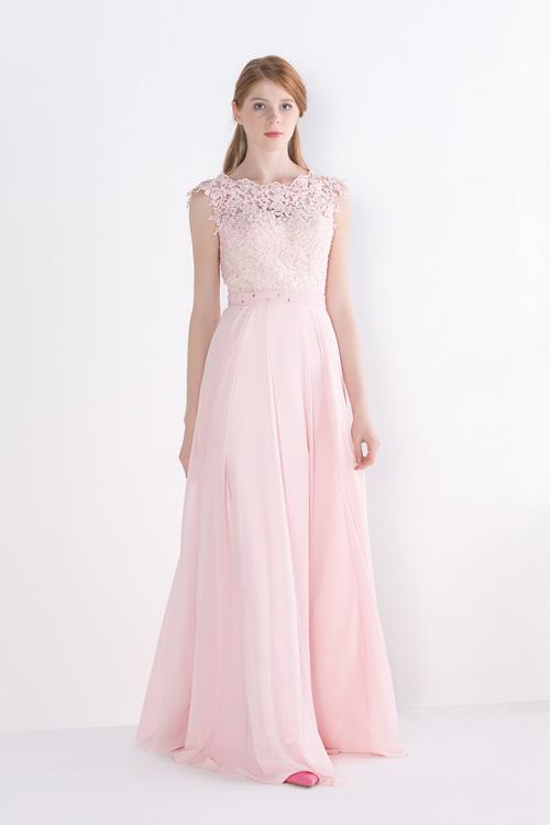  A-line Bateau Neck Sleeveless Lace Long Chiffon Bridesmaid Dress