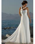 Empire Shoulder Straps Ruched Long A-line Chiffon Beach Wedding Dress with Ribbon 