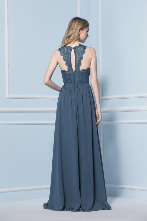 Illusion Neck Lace Bodice A-line Long Chiffon Bridesmaid Dress 