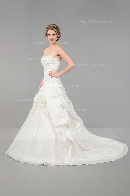 Classical Ball Gown Lace Taffeta Wedding Dress with Flowers 